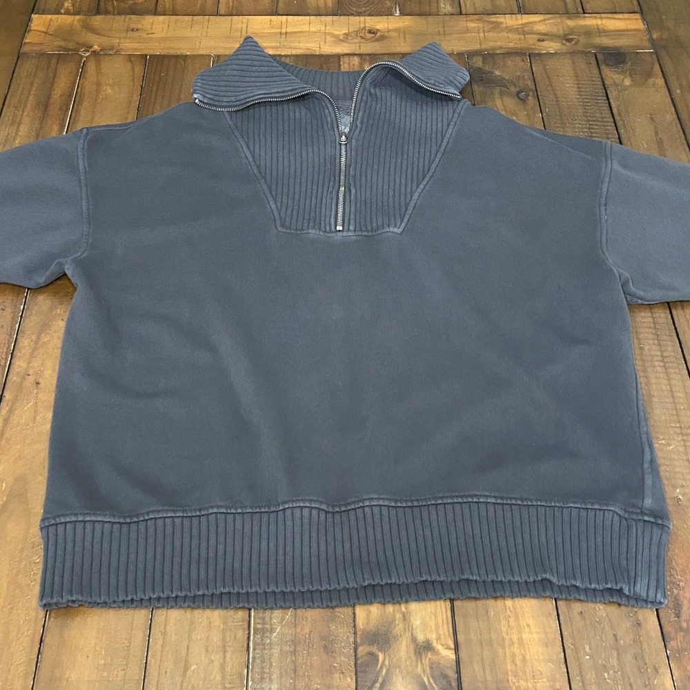 Aerie Womens Quarter Zip Sweatshirt Charcoal Gray Ribbed Trim Oversized Large